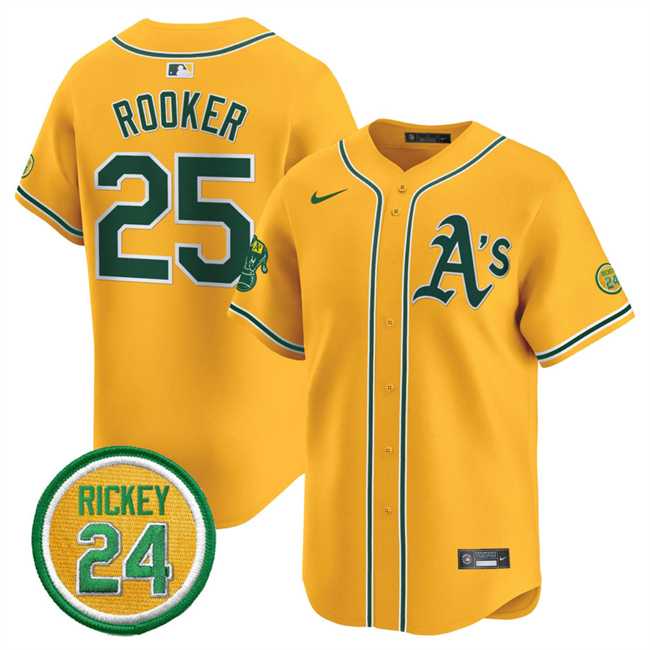 Mens Oakland Athletics #25 Brent Rooker Yellow 2024 Limited With Rickey Henderson Patch Stitched Jersey Dzhi